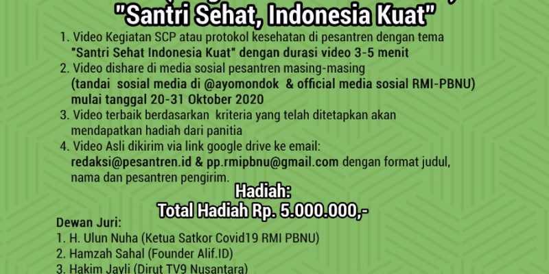 Satkor Covid-19 RMI PBNU Adakan Lomba Vidio Bertema “Santri Sehat, Indonesia Kuat”